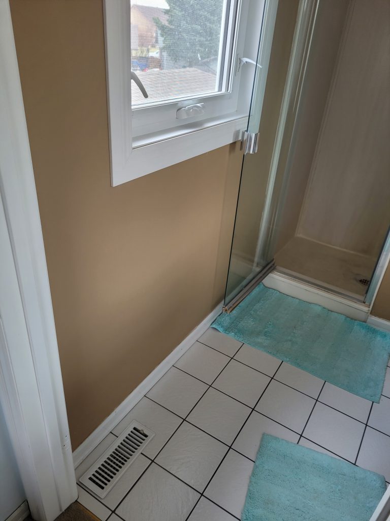 Before: compact ensuite entry and enclosed shower