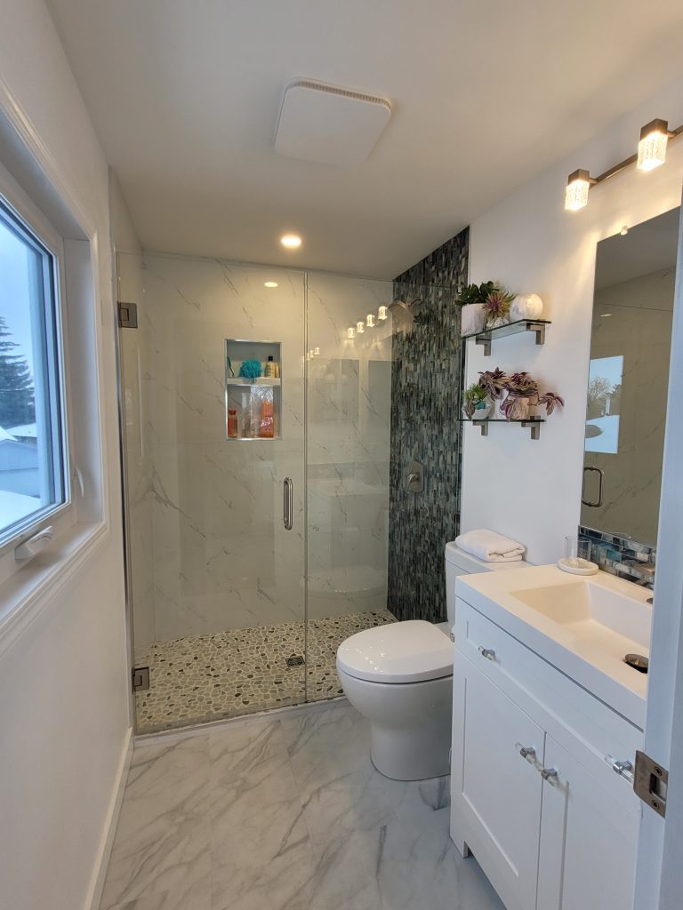 Compact ensuite with glass walk-in shower
