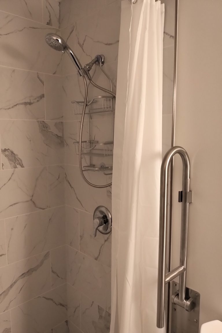 Shower grab bar and curtain