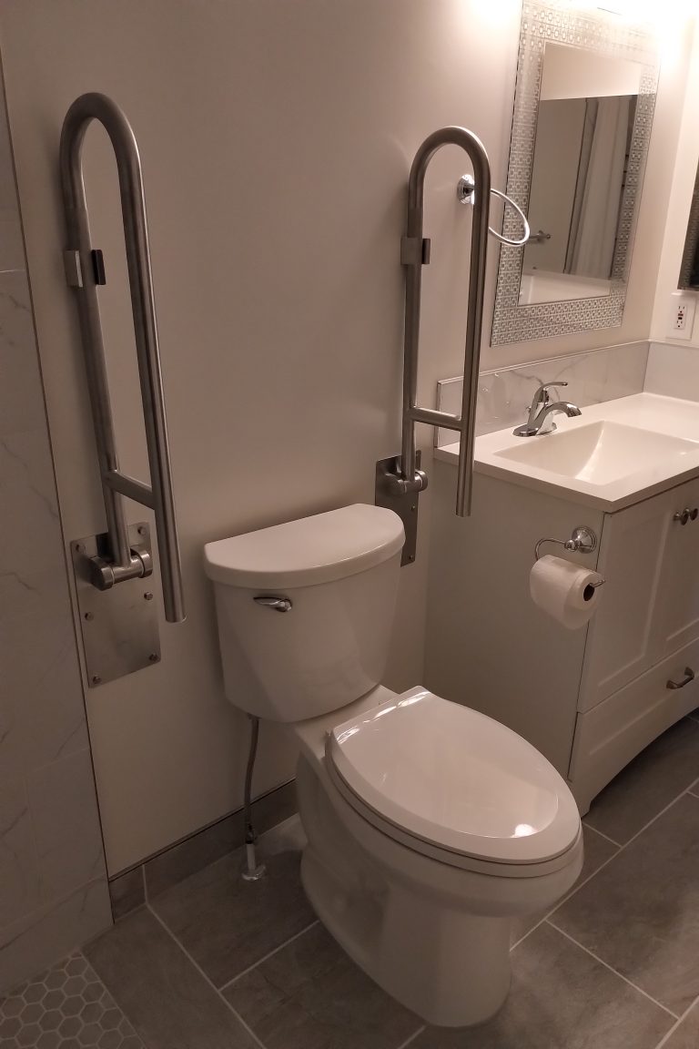Toilet with folding grab bars