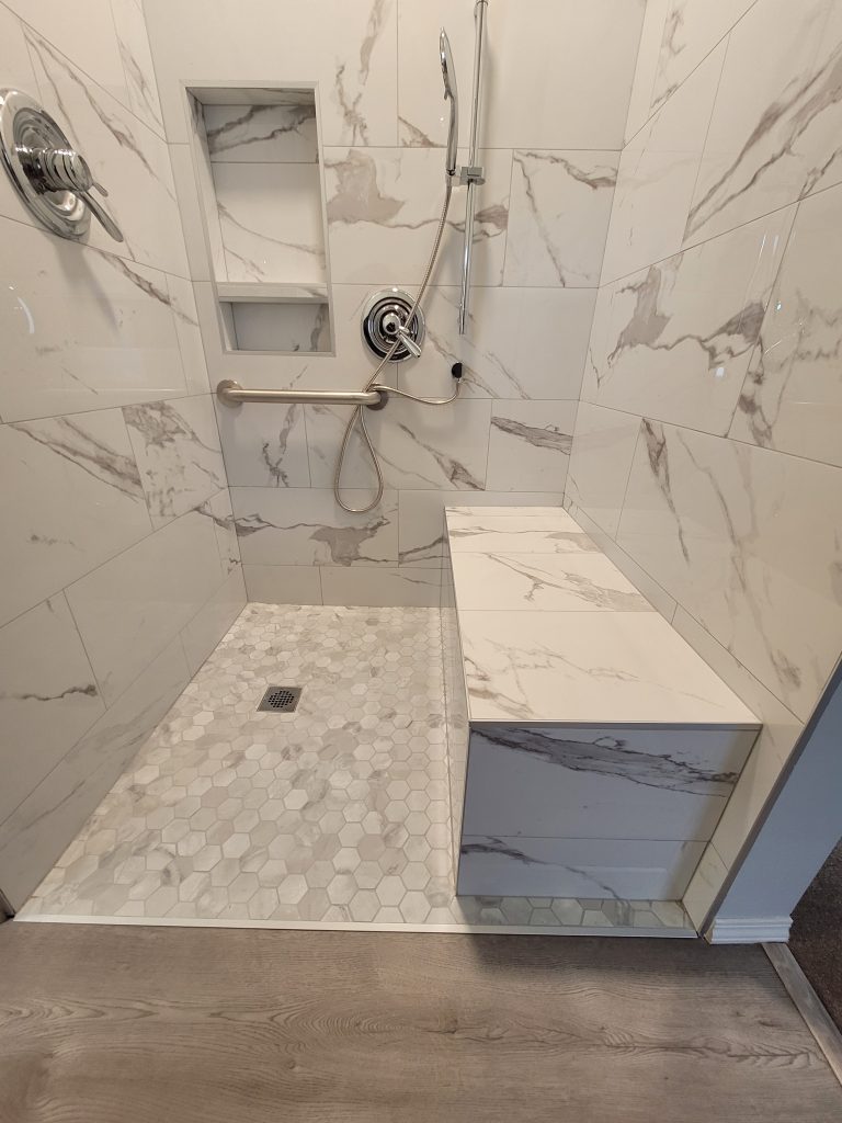Accessible walk-in shower with bench