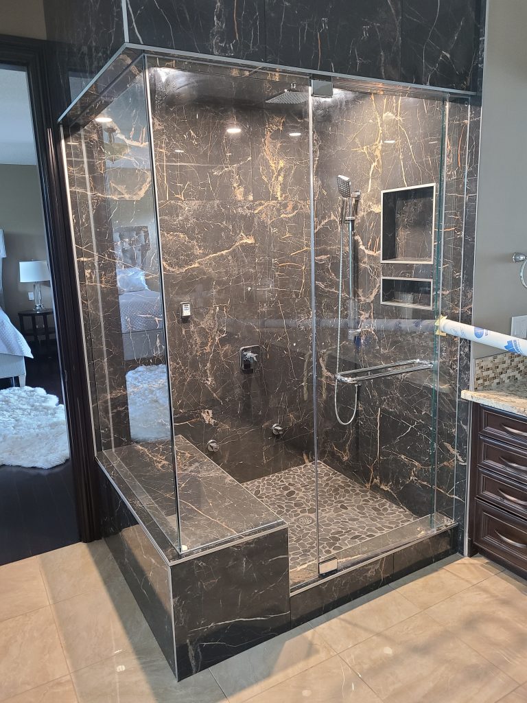 Dark-tile walk-in shower